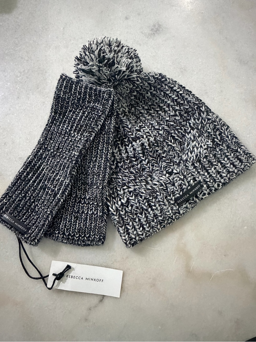 Rebecca Minkoff Black & White Marled Knit Pom Beanie with Scarf Set